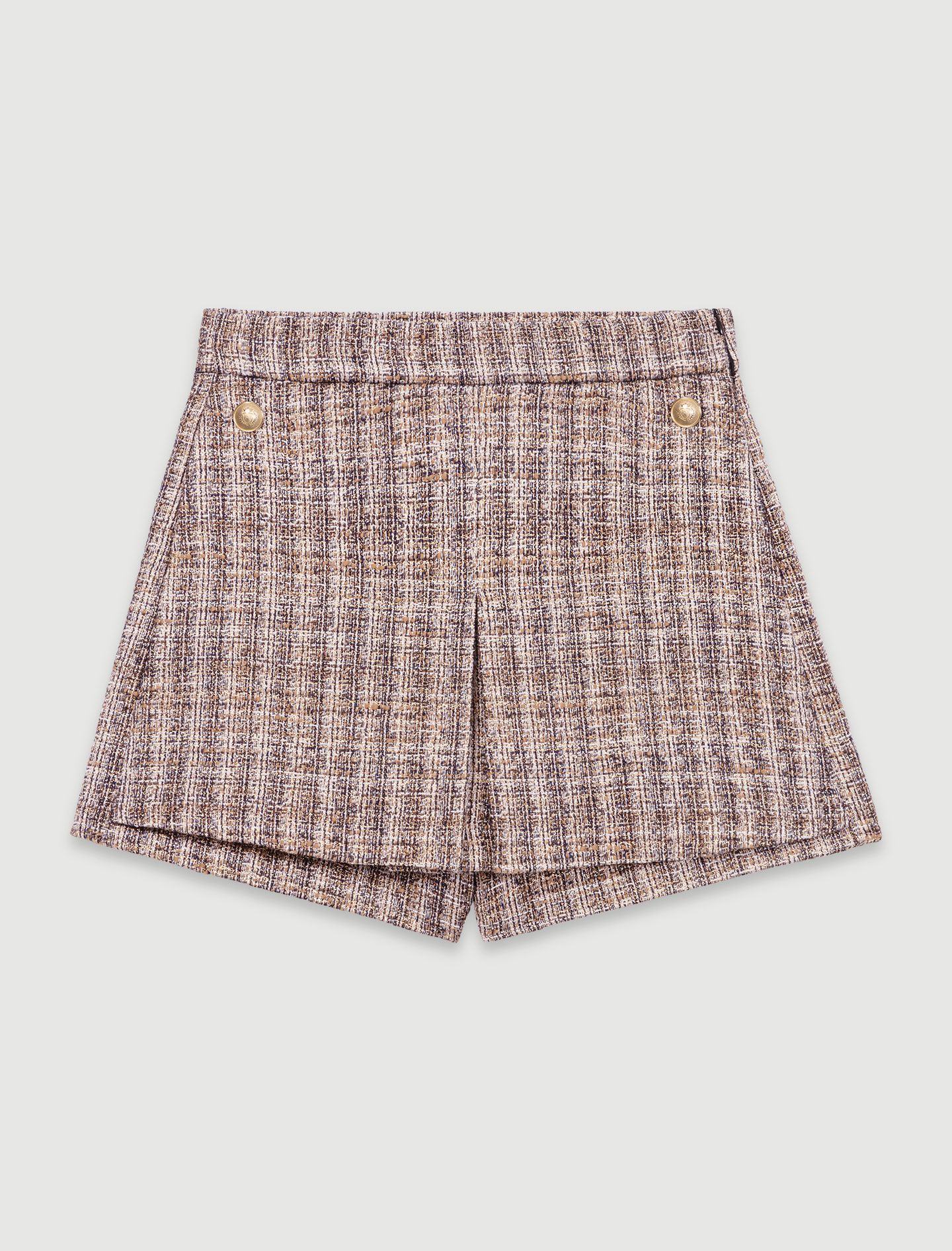 Quần short giả váy tweed kẻ trompe loeil